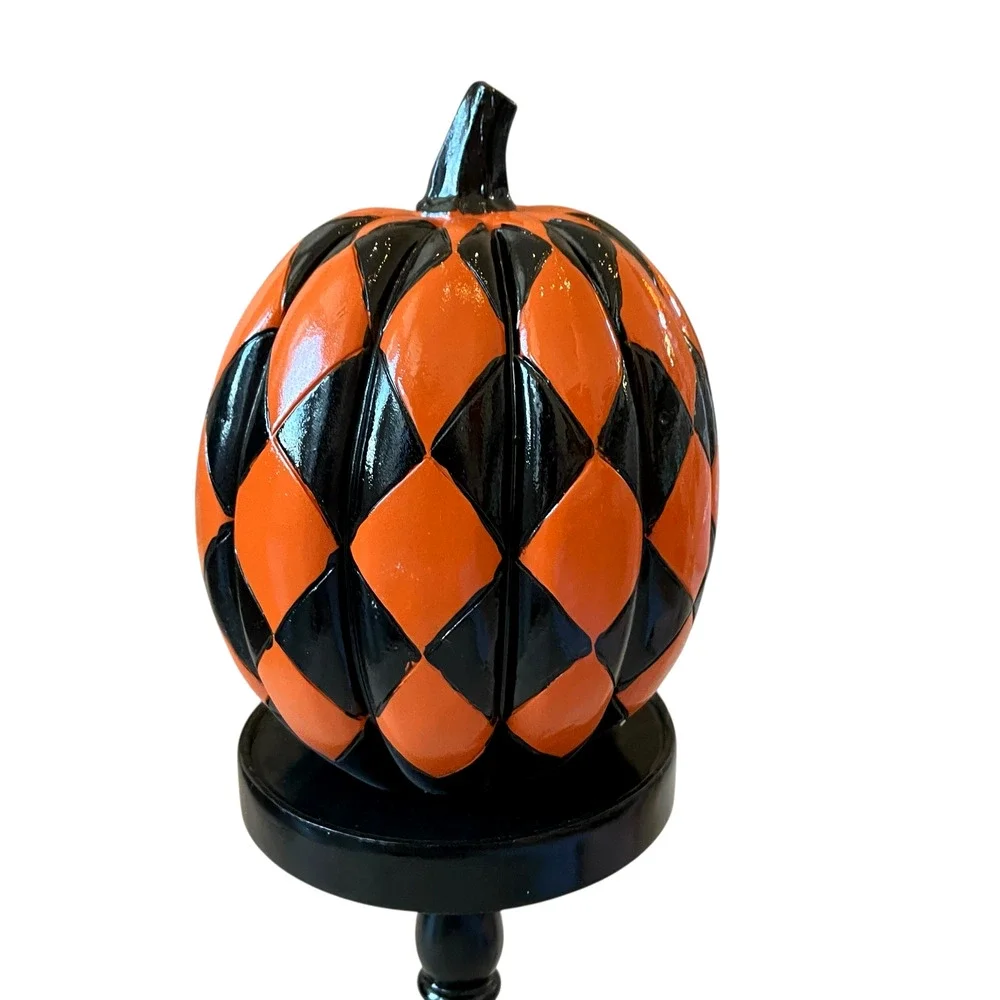 Black & Orange Checkered Pumpkin On Pedestal 13.5in Resin Halloween Decor NEW